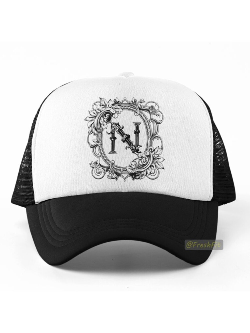 🆕Letter N Ornate Initial Foam Trucker Hat Mesh Snapback Cap Black/White
